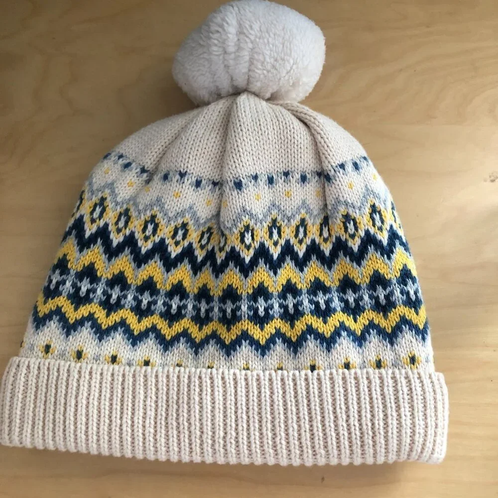 Baby Gap Fair Isle Wool Fleece Lined Beanie Hat 18 - 24 M Ivory Blue Yellow NEW